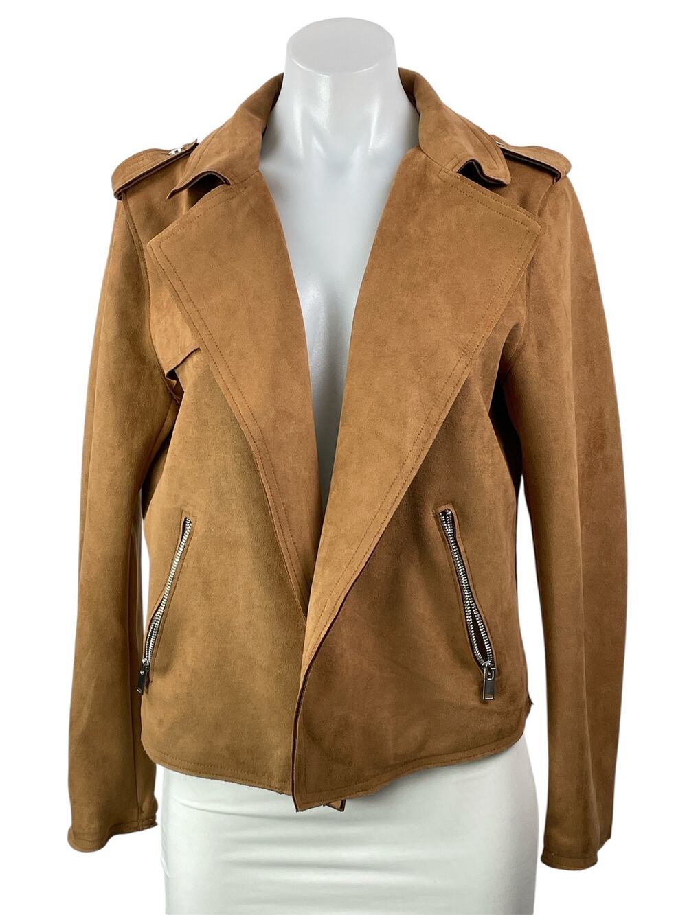 Tahari Women's Cognac Brown Faux Leather Vegan Cropped Moto Coat Jacket Size M